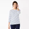Petite Croft & Barrow® Essential Three Quarter Sleeve Boatneck Top -Croft & Barrow Sales Store 4974857 Clean White Stripe