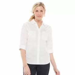 Petite Croft & Barrow® Knit-To-Fit Roll Tab Sleeve Shirt