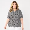 Plus Size Croft & Barrow® Three Quarter Sleeve Splitneck Top -Croft & Barrow Sales Store 5501050 Black Flower Geo